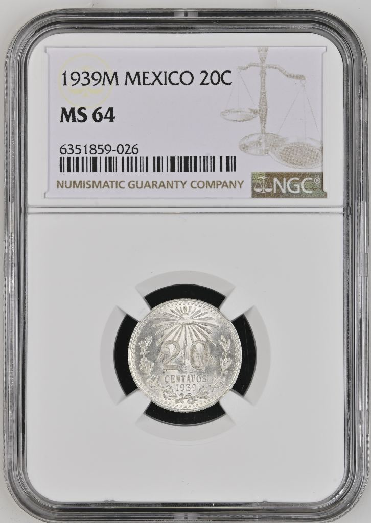 Modern Silver & Minors 20 Centavo 1939 M NGC MS64 0134337