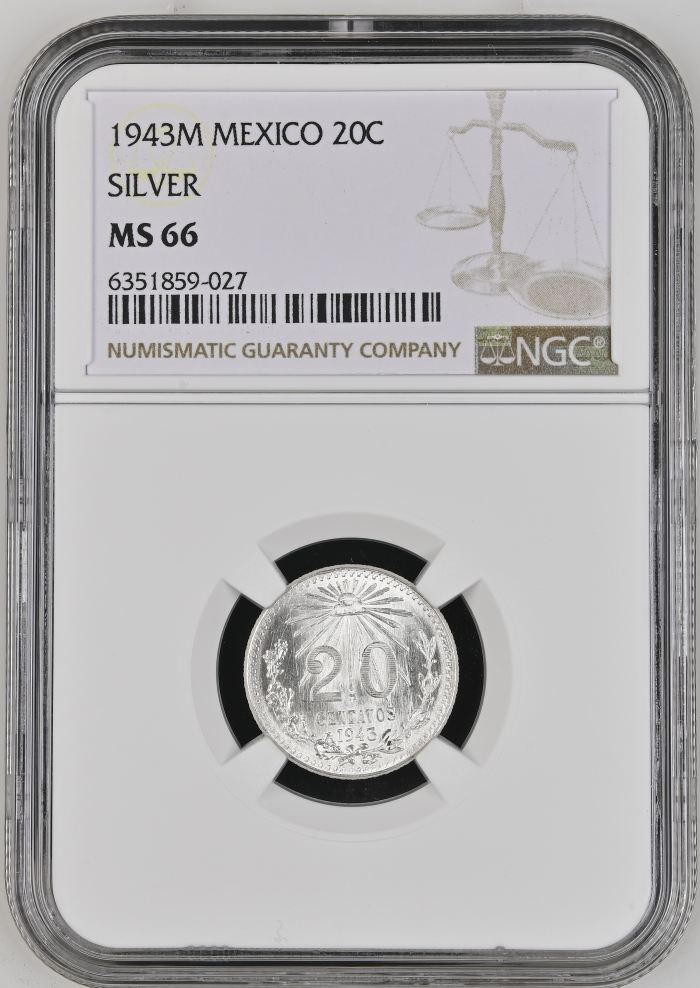 Modern Silver & Minors 20 Centavo 1943 Mo NGC MS66 0134512Modern Silver & Minors 20 Centavo 1943 Mo NGC MS66 0134512