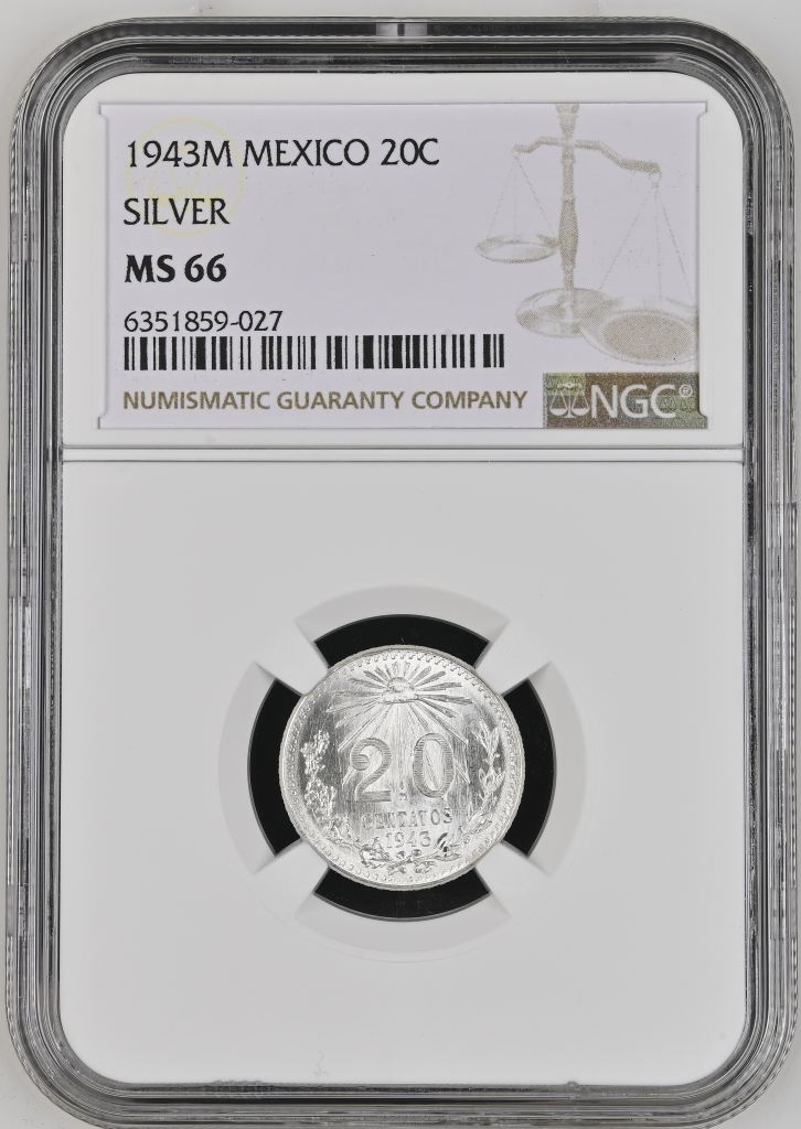 Modern Silver & Minors 20 Centavo 1943 Mo NGC MS66 0134512