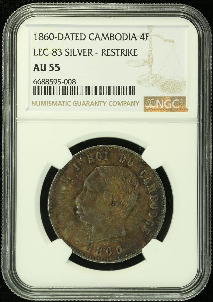 Cambodia 4 Francs 1860 NGC AU55 0134664Cambodia 4 Francs 1860 NGC AU55 0134664