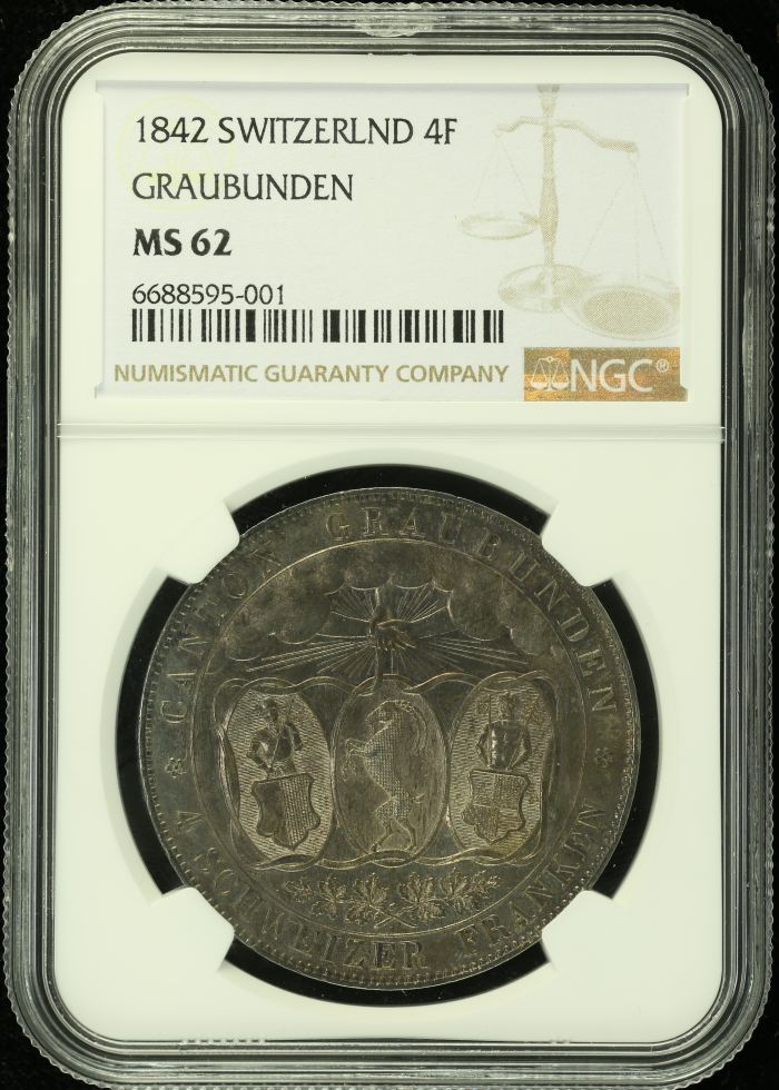 Switzerland 4 Franken 1842 Graubunden NGC MS62 0134981Switzerland 4 Franken 1842 Graubunden NGC MS62 0134981