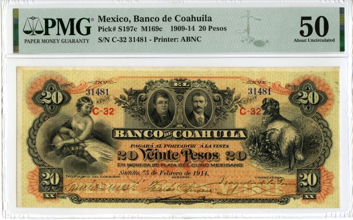 Bancos 20 Pesos 1909-14 Coahuila M169c PMG AU50 f_34558Bancos 20 Pesos 1909-14 Coahuila M169c PMG AU50 f_34558