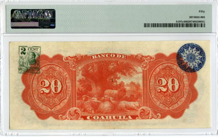 Bancos 20 Pesos 1909-14 Coahuila M169c PMG AU50 f_34558Bancos 20 Pesos 1909-14 Coahuila M169c PMG AU50 f_34558 - Image 2