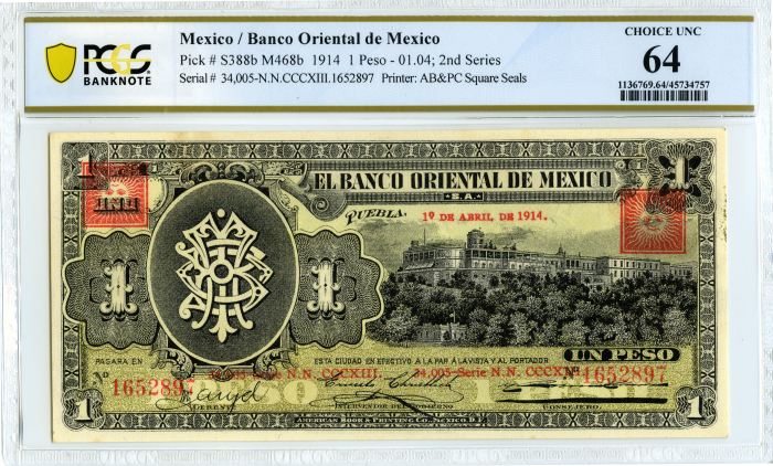 Bancos Peso 1914 Puebla M468b PCGS Ch UNC 64 f_34567Bancos Peso 1914 Puebla M468b PCGS Ch UNC 64 f_34567
