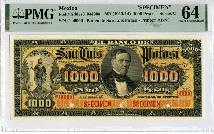 Bancos 1,000 Pesos ND(1913-14) San Luis Potosi M490s PMG Ch UNC 64 f_34568Bancos 1,000 Pesos ND(1913-14) San Luis Potosi M490s PMG Ch UNC 64 f_34568