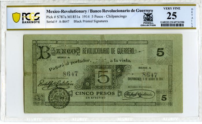 Revolutionary Currency 5 Pesos 1914 Guerrero M1851a PCGS VF25 f_34576Revolutionary Currency 5 Pesos 1914 Guerrero M1851a PCGS VF25 f_34576