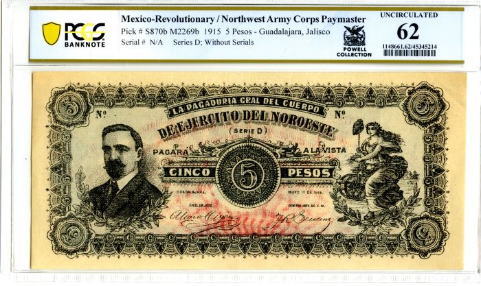 Revolutionary Currency 5 Pesos 1915 Jalisco M2269b PCGS UNC62 f_34584Revolutionary Currency 5 Pesos 1915 Jalisco M2269b PCGS UNC62 f_34584