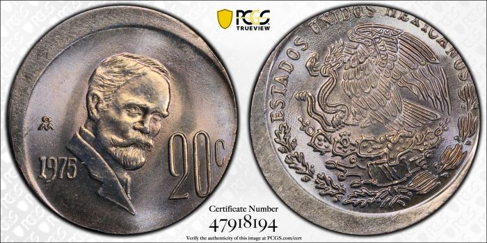 Mint Errors 20 Centavo 1975 Mo PCGS MS63 0135576