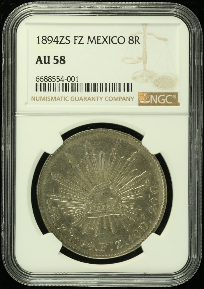 Zacatecas 8 Reales 1894 Zs FZ NGC AU58 0135403Zacatecas 8 Reales 1894 Zs FZ NGC AU58 0135403
