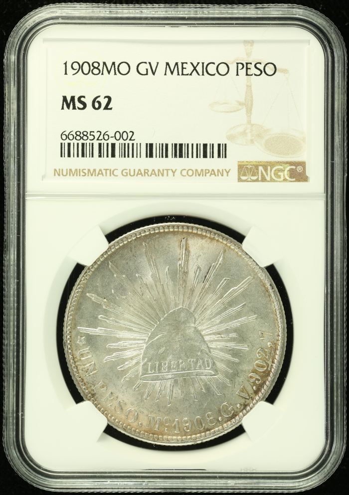 Republic Silver & Minors Peso 1908 Mo GV NGC MS62 0135042Republic Silver & Minors Peso 1908 Mo GV NGC MS62 0135042