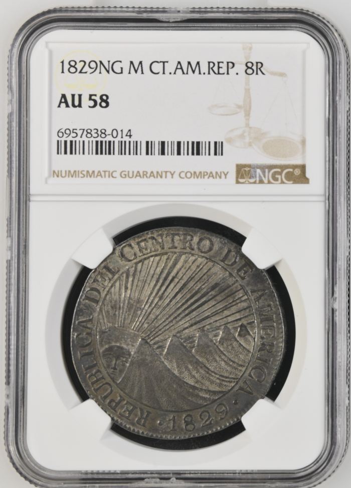 Central American Republic 8 Reales 1829 NG M NGC AU58 0136077