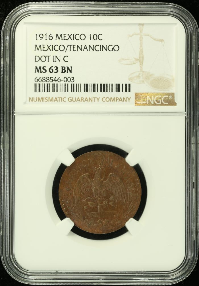 Revolution 10 Centavos 1916 Mexico/Tenancingo NGC MS63BN 0136225Revolution 10 Centavos 1916 Mexico/Tenancingo NGC MS63BN 0136225