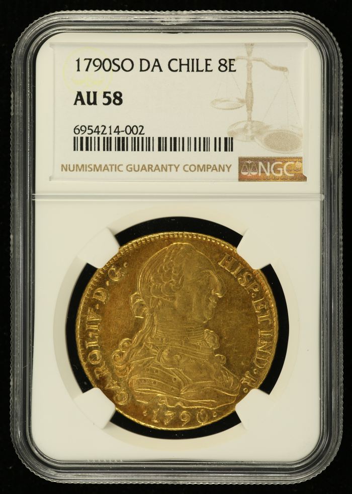 Chile 8 Escudo 1790 So DA NGC AU58 0135887Chile 8 Escudo 1790 So DA NGC AU58 0135887