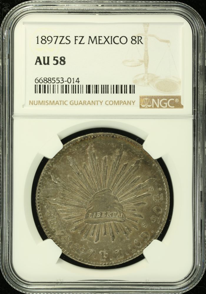 Zacatecas 8 Reales 1897 Zs FZ NGC AU58 0135774Zacatecas 8 Reales 1897 Zs FZ NGC AU58 0135774