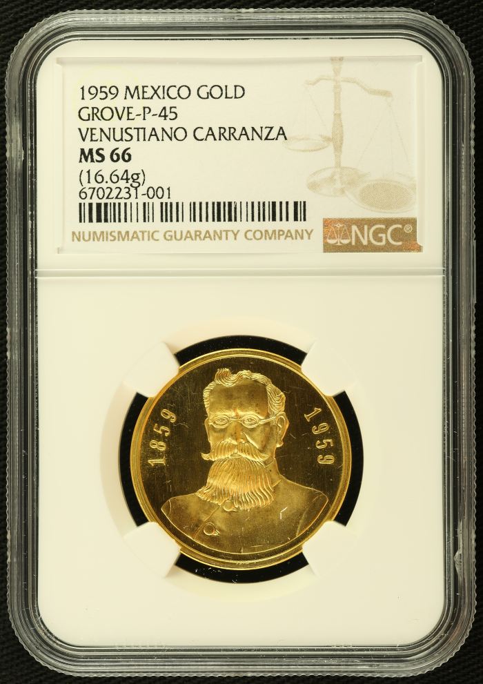 Medals & Tokens Venustiano Carranza Gold Medal 1959 NGC MS66 Grove-P-45 0136051Medals & Tokens Venustiano Carranza Gold Medal 1959 NGC MS66 Grove-P-45 0136051