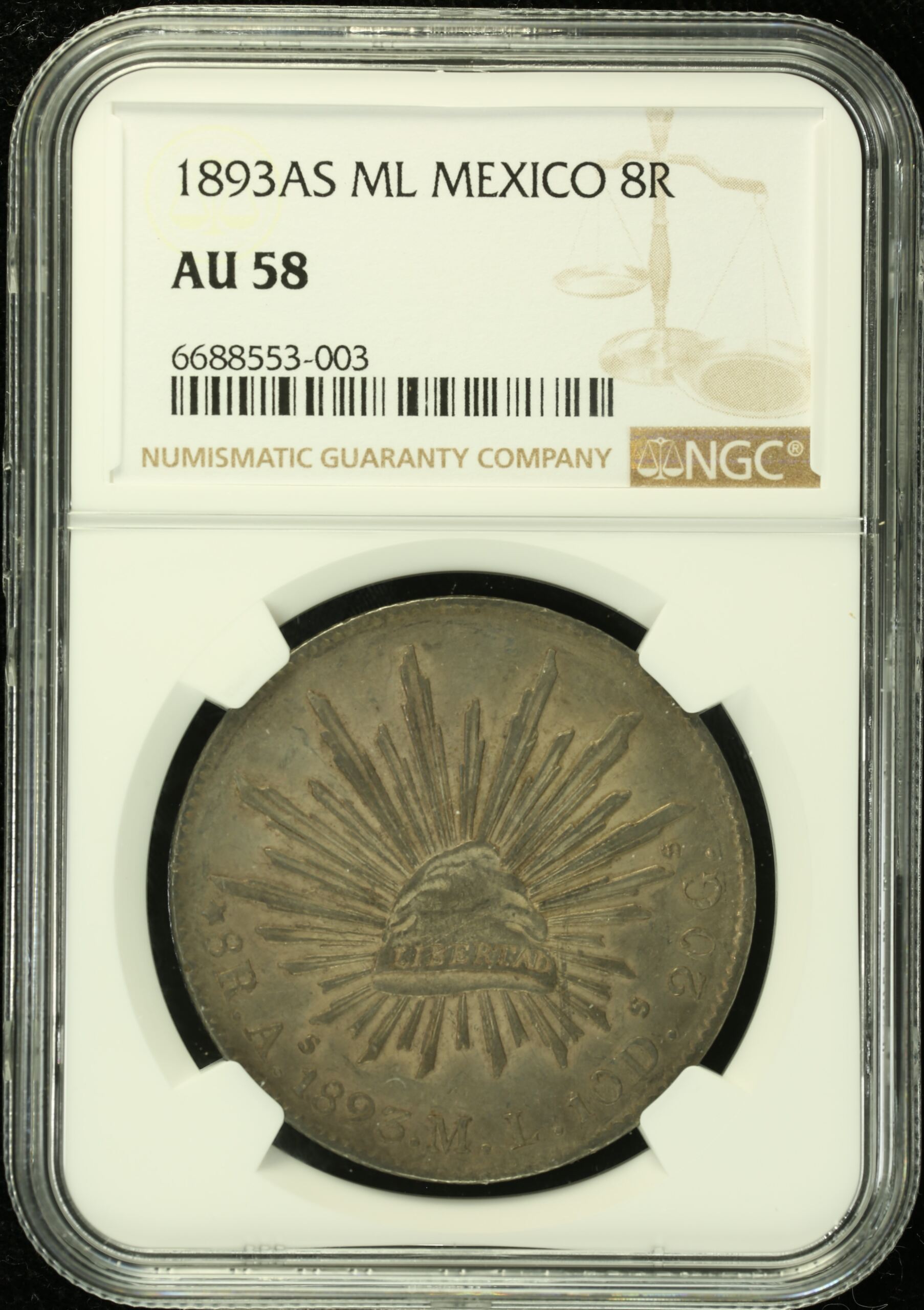 玉9個　20g Alamos 8 Reales 1893 As ML NGC AU58 0135777 | World Numismatics LLC