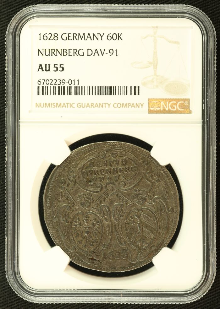 Germany 60 Kreuzer 1628 Nurnberg NGC AU55 0136403Germany 60 Kreuzer 1628 Nurnberg NGC AU55 0136403