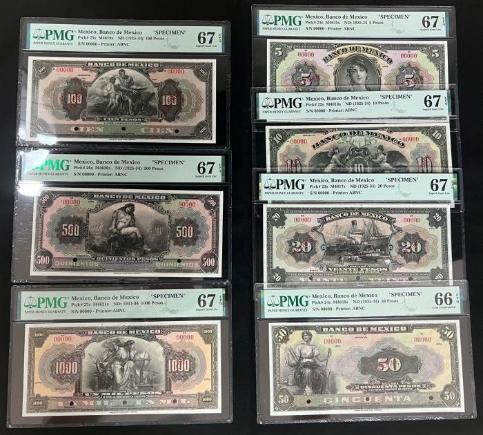Banco De Mexico 7 Piece Large Size Set M4615s-M4621s PMG f_34621Banco De Mexico 7 Piece Large Size Set M4615s-M4621s PMG f_34621