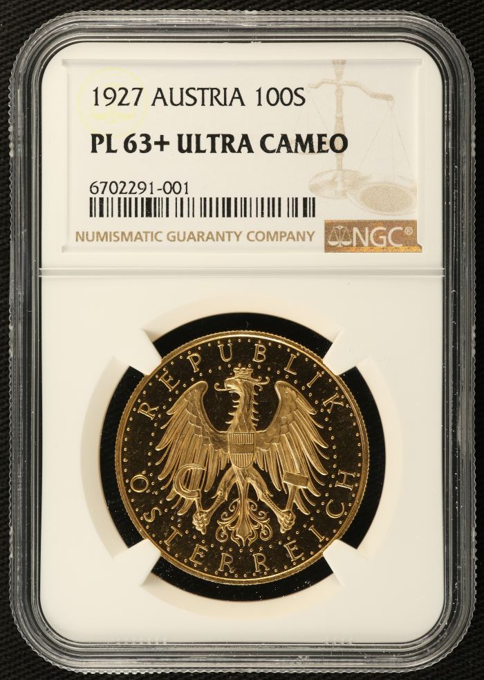 Austria 100 Schilling 1927 NGC PL63+ Ultra Cameo 0137169Austria 100 Schilling 1927 NGC PL63+ Ultra Cameo 0137169