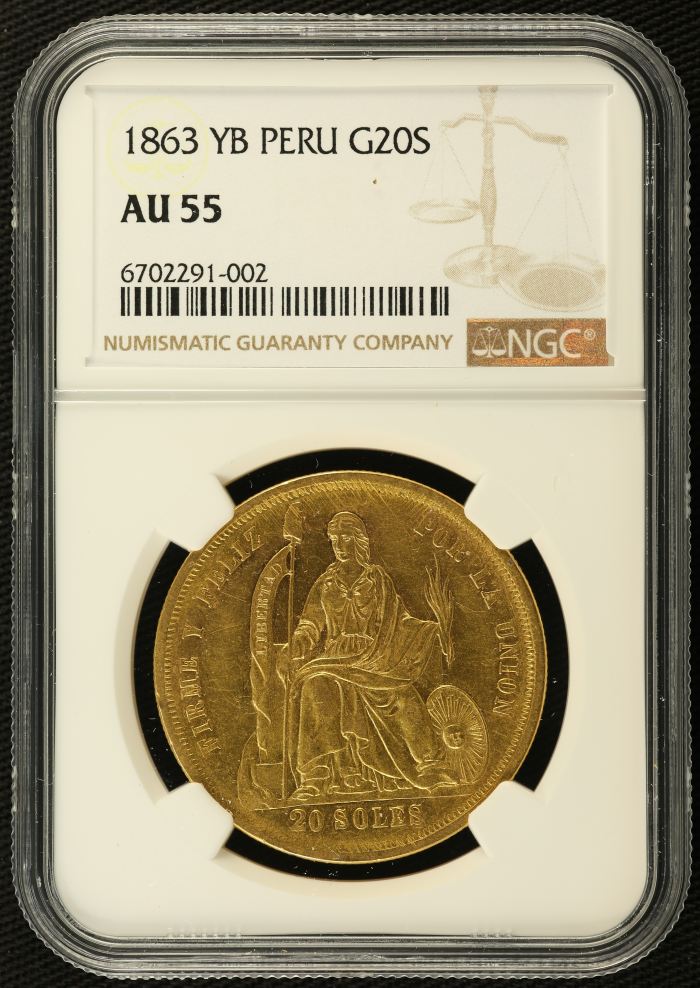 Peru 20 Soles 1863 YB NGC AU55 0137172Peru 20 Soles 1863 YB NGC AU55 0137172