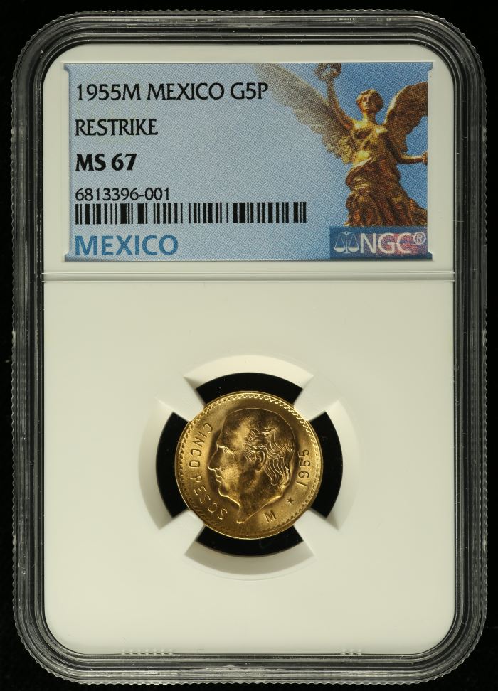 Modern Gold 5 Peso 1955 M NGC MS67 f_34627Modern Gold 5 Peso 1955 M NGC MS67 f_34627