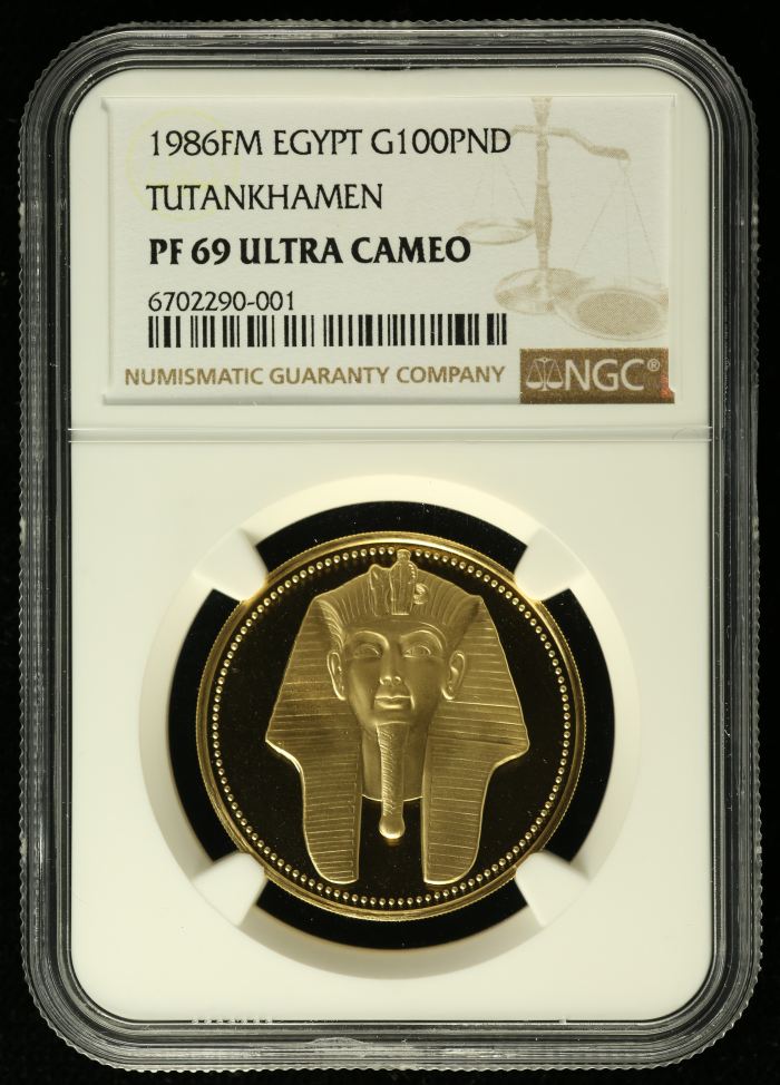 Egypt 100 Pound 1986 FM Tutankhamen NGC PF69 Ultra Cameo 0137480Egypt 100 Pound 1986 FM Tutankhamen NGC PF69 Ultra Cameo 0137480
