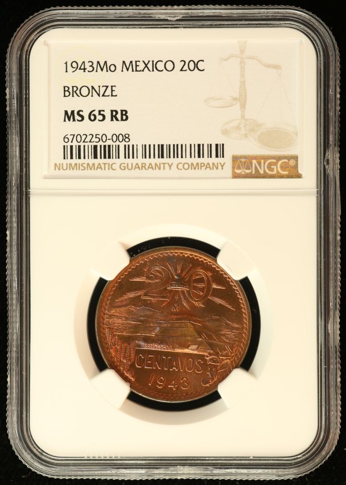 Modern Silver & Minors 20 Centavo 1943 Mo NGC MS65RB 0137618Modern Silver & Minors 20 Centavo 1943 Mo NGC MS65RB 0137618