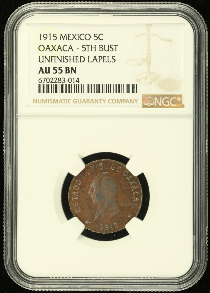 Oaxaca 5 Centavo 1915 Oaxaca NGC AU55BN 0137933Oaxaca 5 Centavo 1915 Oaxaca NGC AU55BN 0137933