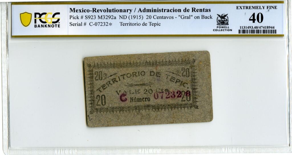 Revolutionary Currency 20 Centavos ND (1915) Nayarit M3292a PCGS XF40 f_34773Property of World Numismatics