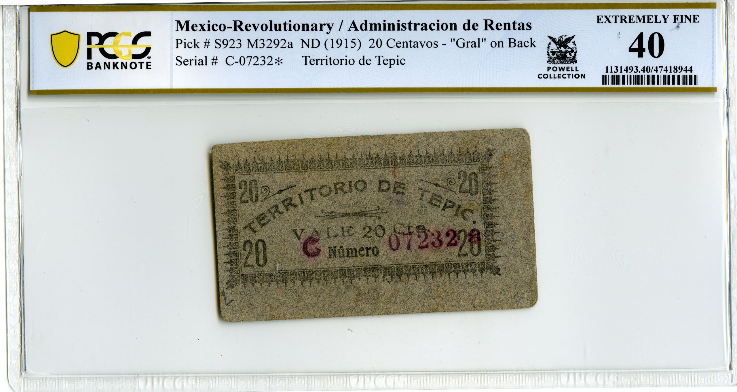 Currency Mexican Currency Revolutionary Currency Revolutionary Currency 20 Centavos ND (1915) Nayarit M3292a PCGS XF40 f_34773 Revolutionary Currency 20 Centavos ND (1915) Nayarit M3292a PCGS XF40 f_34773Property of World Numismatics