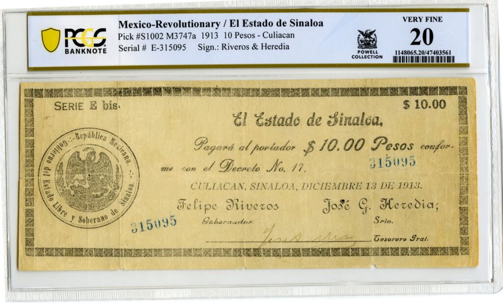 Revolutionary Currency 10 Pesos 1913 Sinaloa M3747a PCGS VF20 f_34796