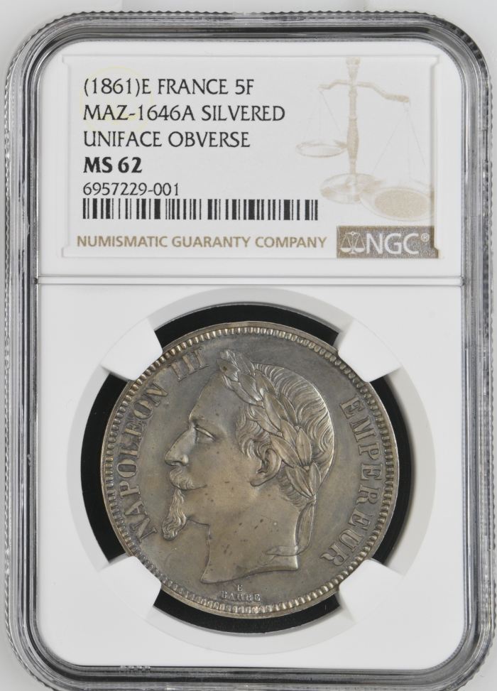 France Uniface Pair 5 Francs 1861 E NGC MS62 0138416France Uniface Pair 5 Francs 1861 E NGC MS62 0138416