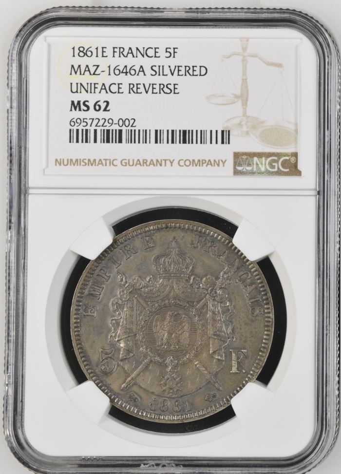 France Uniface Pair 5 Francs 1861 E NGC MS62 0138416France Uniface Pair 5 Francs 1861 E NGC MS62 0138416 - Image 3