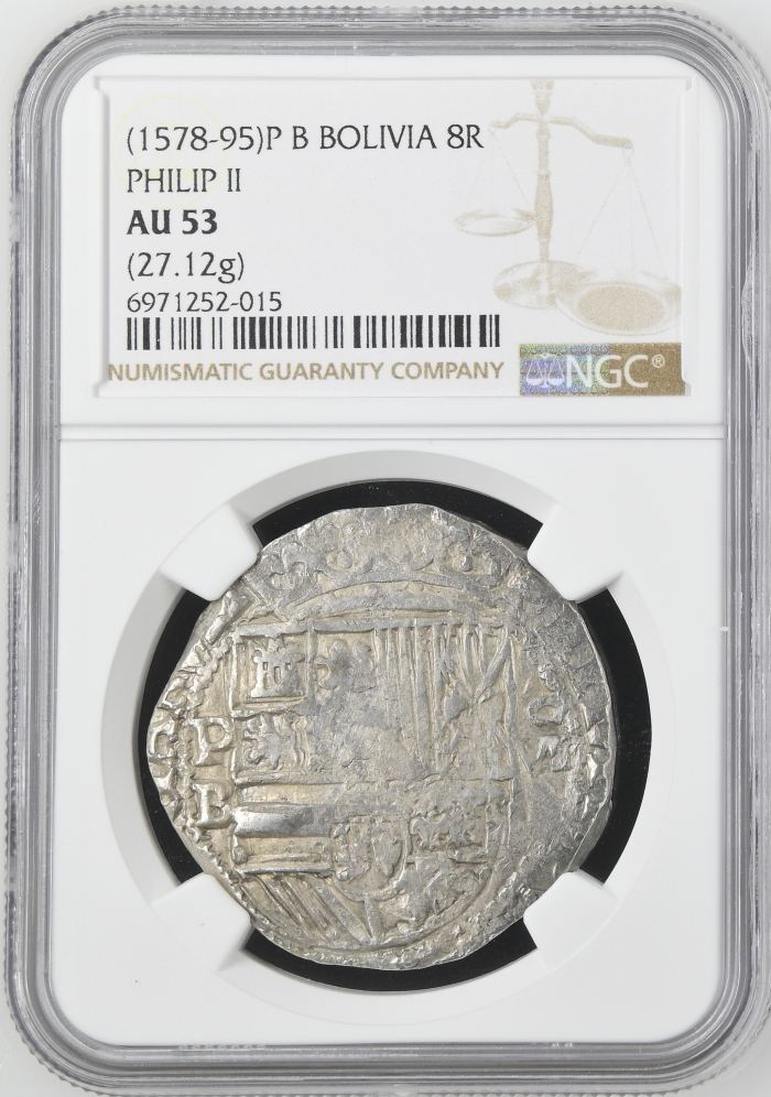 Bolivia 8 Reales (1578-95) P B NGC AU53 0138528Bolivia 8 Reales (1578-95) P B NGC AU53 0138528