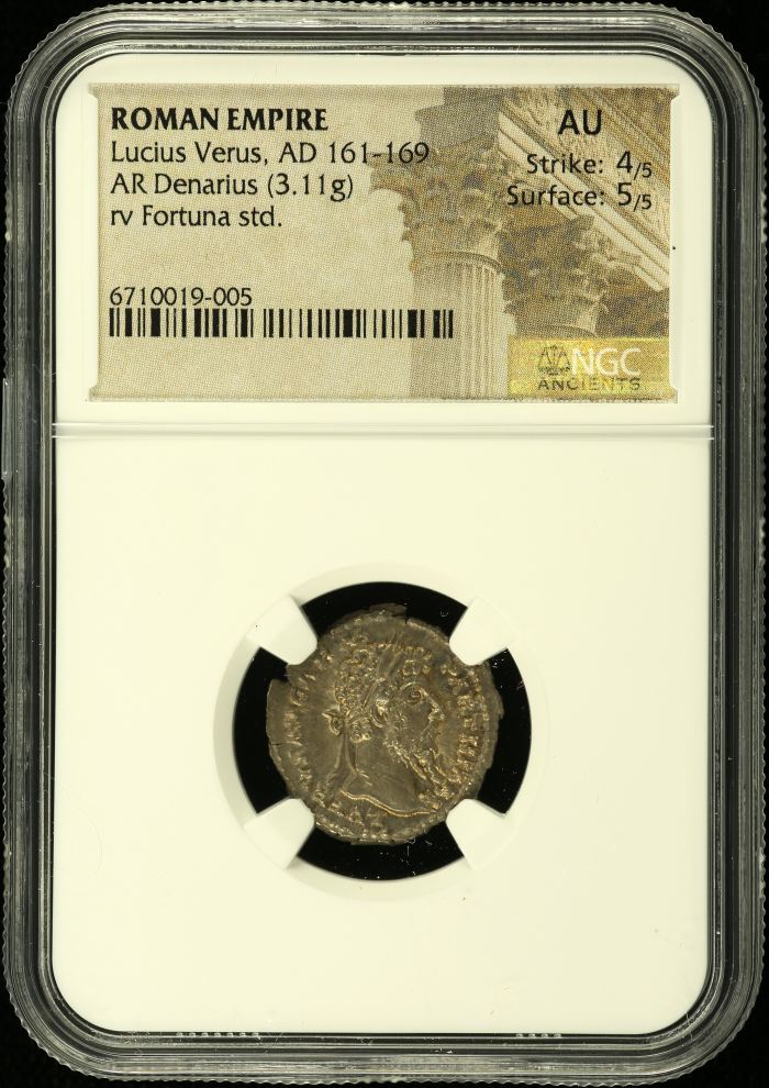 Roman Imperial Lucius Verus 161-169 AD AR Denarius NGC AU 0139733Roman Imperial Lucius Verus 161-169 AD AR Denarius NGC AU 0139733