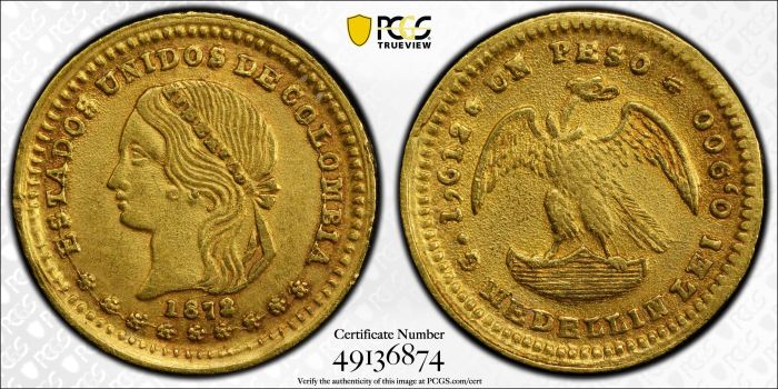 Colombia Peso 1872 Medellin PCGS AU58 KM-157.1 0140310Colombia Peso 1872 Medellin PCGS AU58 KM-157.1 0140310 - Image 2
