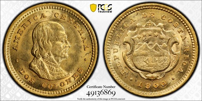 Costa Rica 2 Colones 1900 PCGS MS62 0140314Costa Rica 2 Colones 1900 PCGS MS62 0140314 - Image 2