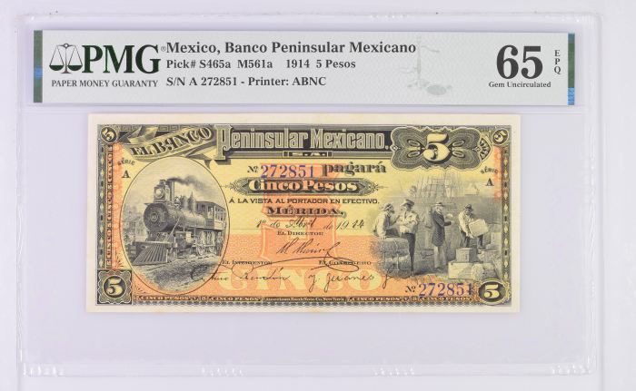 Bancos 5 Pesos 1914 Yucatan M561a PMG Gem UNC65 EPQ f_35056Bancos 5 Pesos 1914 Yucatan M561a PMG Gem UNC65 EPQ f_35056