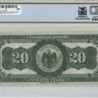 Revolutionary Currency 20 Pesos 1915 Sonora M3824a PCGS AU50 PPQ