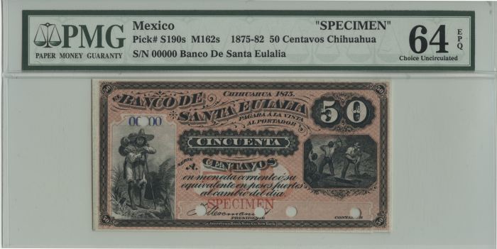 Bancos 50 Centavos 1875-82 Chihuahua M162s PMG Ch UNC64 EPQ f_35066Bancos 50 Centavos 1875-82 Chihuahua M162s PMG Ch UNC64 EPQ f_35066