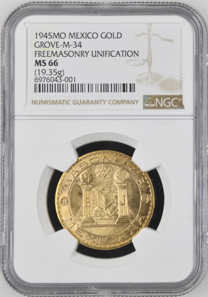 Modern Gold Masoneria Mexicana Gold Medal 1945 Mo Grove-M-34 NGC MS66 0140589Modern Gold Masoneria Mexicana Gold Medal 1945 Mo Grove-M-34 NGC MS66 0140589