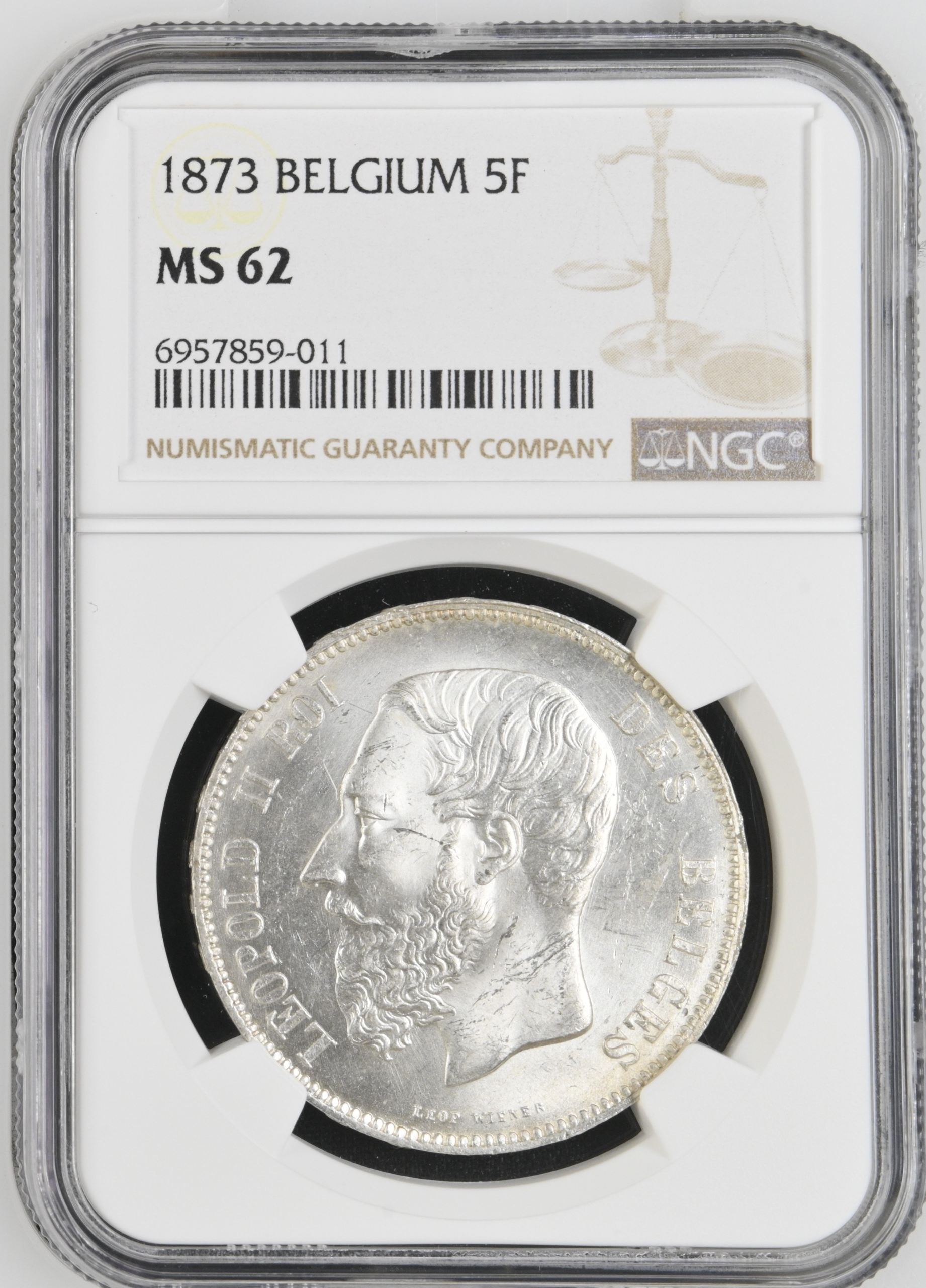 Belgium 5 Franc 1873 NGC MS62 0141147