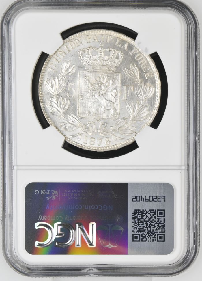 Belgium 5 Franc 1873 NGC MS62 0141147Belgium 5 Franc 1873 NGC MS62 0141147 - Image 2