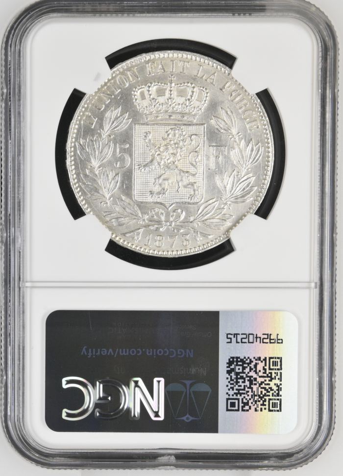 Belgium 5 Franc 1873 NGC MS62 0141154Belgium 5 Franc 1873 NGC MS62 0141154 - Image 2