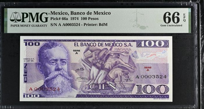 Banco De Mexico 100 Pesos 1974 PMG Gem UNC66 EPQ Pick #66a f_35155Banco De Mexico 100 Pesos 1974 PMG Gem UNC66 EPQ Pick #66a f_35155
