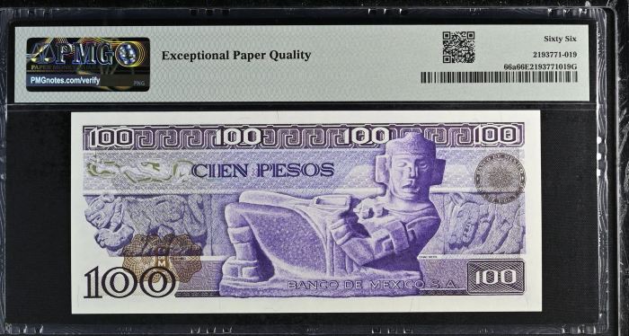 Banco De Mexico 100 Pesos 1974 PMG Gem UNC66 EPQ Pick #66a f_35155Banco De Mexico 100 Pesos 1974 PMG Gem UNC66 EPQ Pick #66a f_35155 - Image 2