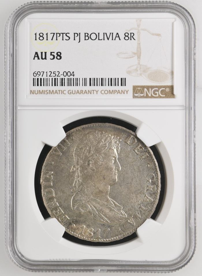 Bolivia 8 Reales 1817 Pts PJ NGC AU58 0141677Bolivia 8 Reales 1817 Pts PJ NGC AU58 0141677