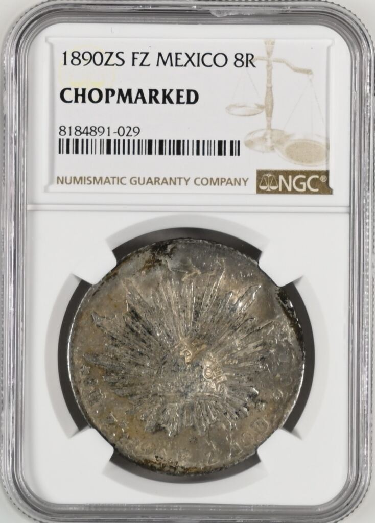 Chopmarked 8 Reales 1890 Zs FZ NGC CHOPMARKED 0142388Property of World Numismatics