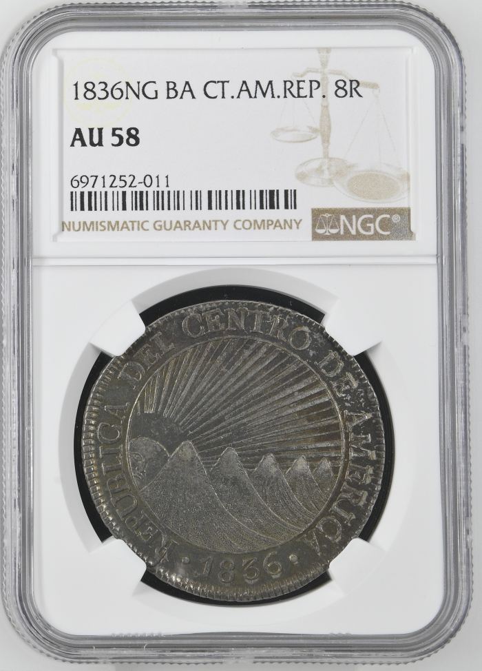 Central American Republic 8 Reales 1836 Ng BA NGC AU58 0142624Central American Republic 8 Reales 1836 Ng BA NGC AU58 0142624