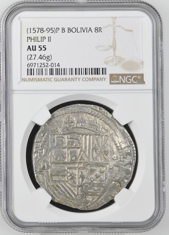 Bolivia 8 Reales (1578-95) P B NGC AU55 0142653Bolivia 8 Reales (1578-95) P B NGC AU55 0142653